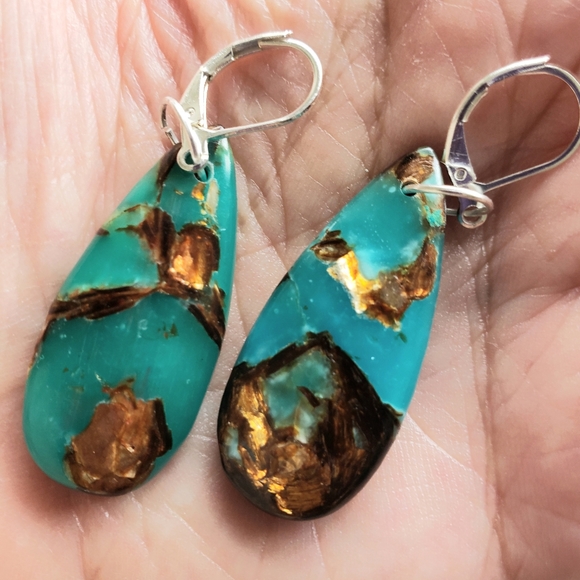 Earrings,  new, handmade copper bornite stone teardrop pendants. - Picture 2 of 4